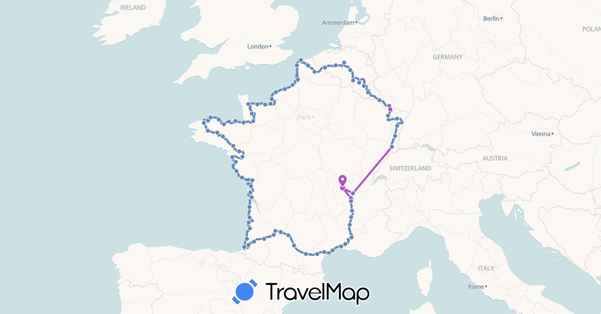 TravelMap itinerary: driving, cycling, train in Belgium, Germany, France (Europe)